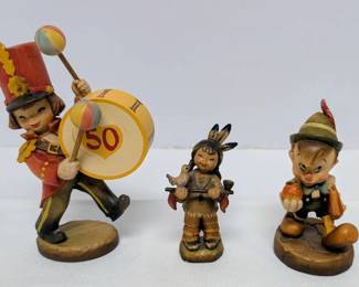 ANRI Wood Carved Figurines Made In Italy Drummer Boy, Pinocchio Little Indian Girl