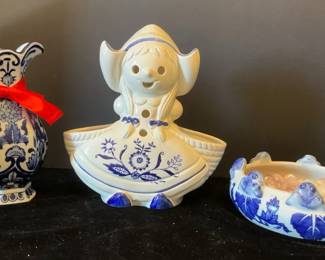 Rubens Ceramic Dutch Girl Planter, VTG Porcelain Frog Dish, Blue Ceramic Vase