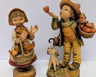 ANRI Wood Carved Figurines Made In Italy Love Message Girl With Puppy