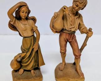 Vtg ANRI Hand Carved Figurines Boy w Goose Girl w Goose
