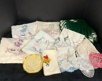 Embroidered Dish Towels Crocheted Doilies