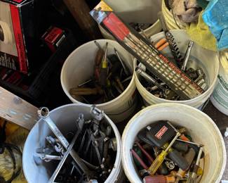 Buckets of garage items 