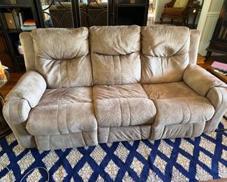 Suede sofa with end recliners