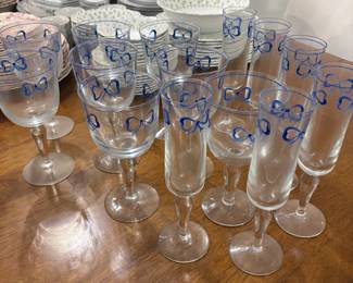 RARE Vista Alegre Ruban Blue Wine Glasses and Champagne Flutes, hand painted in Portugal