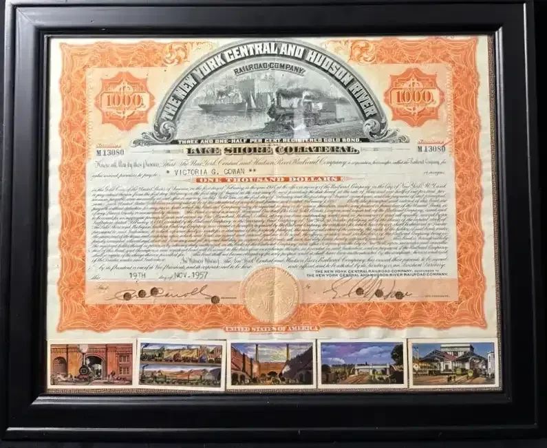  001 029  Framed New York Central  Hudson River Railroad $1,000 Gold Bond Certificate 1957