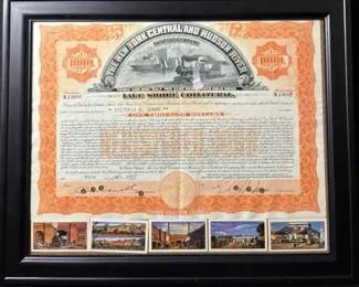  001 029  Framed New York Central  Hudson River Railroad $1,000 Gold Bond Certificate 1957