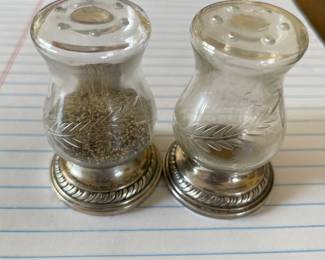 Sterling silver and etched glass salt and pepper shakers hurricane style