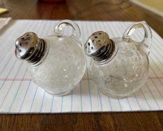 Vintage Cambridge etched glass chantilly salt and pepper shakers with sterling caps