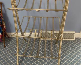 Vintage Gold Metal Faux Bamboo 3 Tier Hollywood Regency Magazine Rack Stand