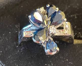 Sapphire and diamond cocktail, floral style ring, marked 14k