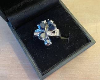 Sapphire and diamond cocktail, floral style ring, marked 14k