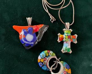 Blown art glass fish and Sterling and Milliefiori glass pieces