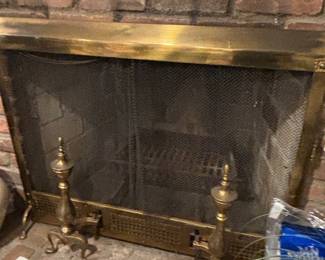 Brass fireplace screen and andirons 