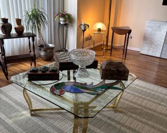 Glass and brass coffee table and end table 