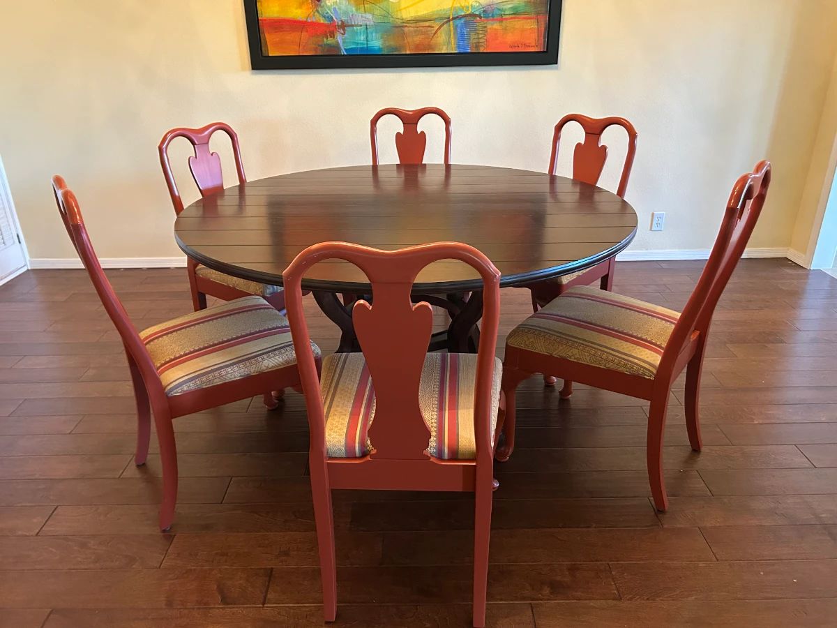 Hickory Chair Table and Six Upholstered Chairs $695