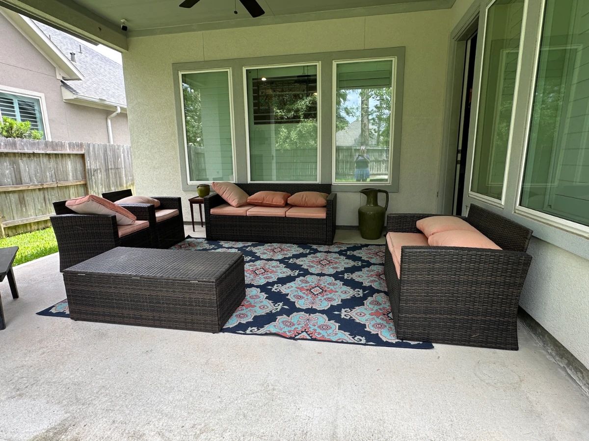 Piece Dark Brown Synthetic Wicker Outdoor Furniture Set with Coral Cushions and Rug