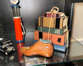 Vintage Gulf Gas Pump Replica, Decorative Faux Book Stack, and HandPainted Wooden Shoe Form