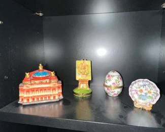 Collection of Decorative Porcelain Boxes and Trinket Dishes, including a Fabergstyle Egg
