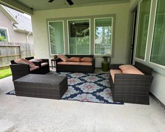 Piece Dark Brown Synthetic Wicker Outdoor Furniture Set with Coral Cushions and Rug