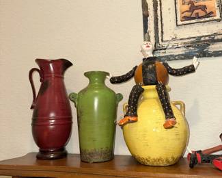 Faux Aged Ceramic Vases and Folk Art Doll Set