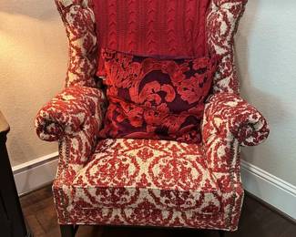 Wingback Armchair with Red and Cream Damask Upholstery