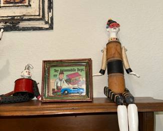 Vintage Wooden Articulated Doll with Framed Toy Automobile Print
