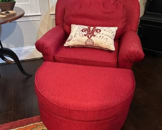 Red Upholstered Swivel Armchair with Ottoman