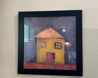 Folk Art Yellow House Painting with The Blue Foo inscription