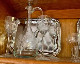 Vintage Etched Decanter and Glasses