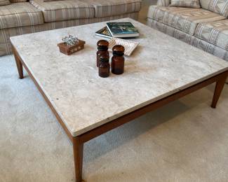 Lane Rhythm mid-century travertine top square coffee table