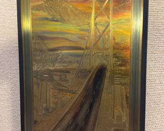 Framed metallic design acid etching titled Lionsgate by Dorian Melton, which depicts the lions gate bridge in Vancouver BC