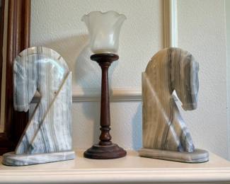 Two vintage marble Onyx horse head book ends