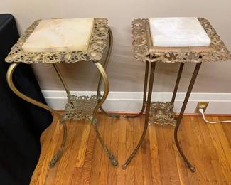 587 Antique Victorian Baroque Brass  Onyx 2Tier Plant Stand Table