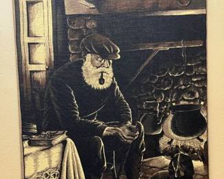 587 Old Man  Dog By The Hearth Fire Daphne Opyc Irish Linen Tea Hanging