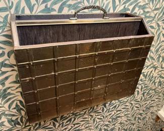 587 Vintage Hammered Brass Clad Wood Magazine Holder