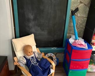 chalkboard, child chair, doll, toys