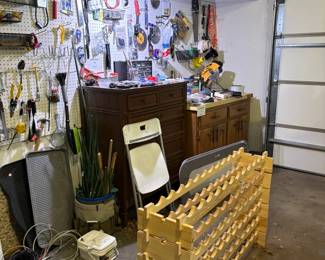 wine rack, tools, chest of drawers
