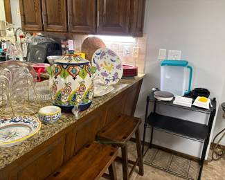 Italian pottery, bar stools, shelving