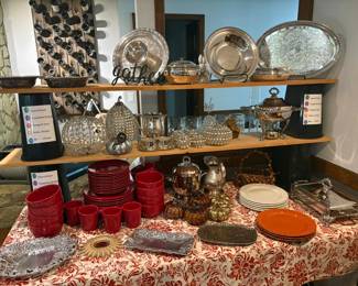 Red dish set, Silverplate serving pieces, fall decor