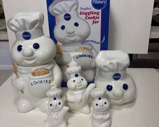 c Pillsbury Doughboy Lot of 5  Giggling Cookie Jar, Salt  Pepper Shakers, and Soap Dispenser Set