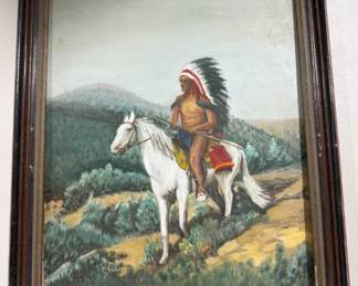 Framed Painting of Indigenous Warrior on Horseback