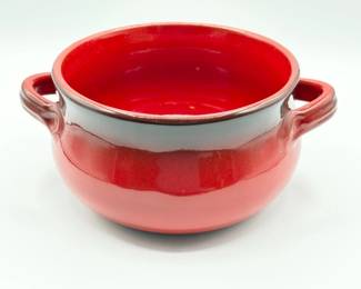 126 DeSilvaItalianPotteryBowlRedDripGlazeDoubleHandle