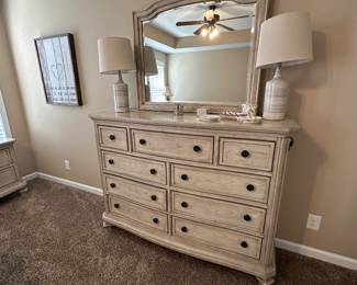 Ashley dresser with  matching nightstand, split king with upholstered headboard and frame,  chest of drawers