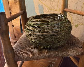 antique rush bottom child’s chair with basket 