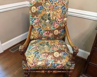 One of a pair of tapestry arm chairs