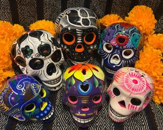 Clay sugarskulls assorted sizes. Guerrero,  Mx.