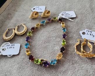 14K yellow gold earrings, 10k yellow gold and precious gemstone tennis bracelet