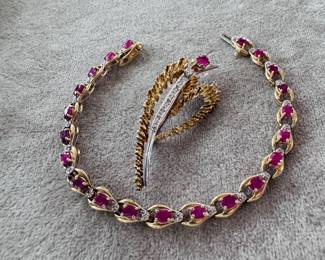 10K yellow gold, diamond and ruby tennis bracelet, stunning vintage gold, ruby and diamond brooch