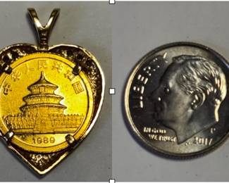 Beautiful 1989 China Panda 5 Yuan 1/20 oz Gold coin pendant wrapped in a 14K Gold heart with six diamonds 