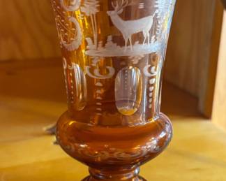 Vintage 19th Century Bohemian Amber Glass Etched to Clear Cut Vase